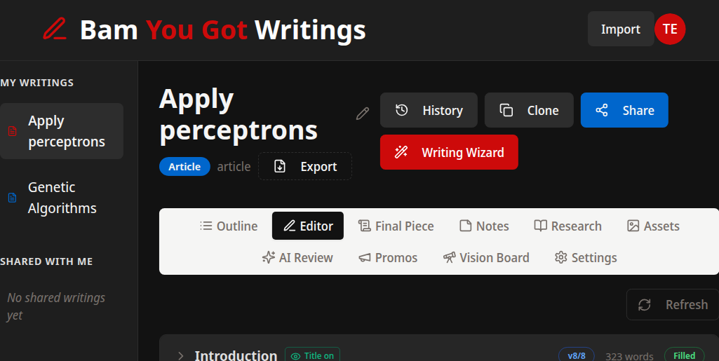 Bam You Got Writings editor showing a piece workspace